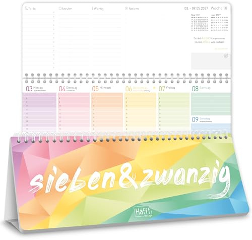 Häfft Wochen-Tischkalender 2027 quer zum Aufstellen - für DE & AT | 1 Woche 2 Seiten, Wochenplaner Schreibtisch-Kalender Wochenkalender mit Sprüchen & Planungs-Hilfen Rainbow