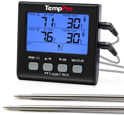 TempPro Fleischthermometer Grillthermometer mit 2 Fühlern, mit Timer, Alarm | Bratenthermometer USDA Voreinstellungen Hintergrundbeleuchtung für Backofen Grill Smoker inkl. AAA Batterie ( Ex-ThermoPro )