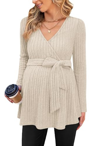 FMEYOA Damen-Umstands-Shirt, langärmelig, V-Ausschnitt, gerippt, Blusen für Schwangere, Beige, Mittel