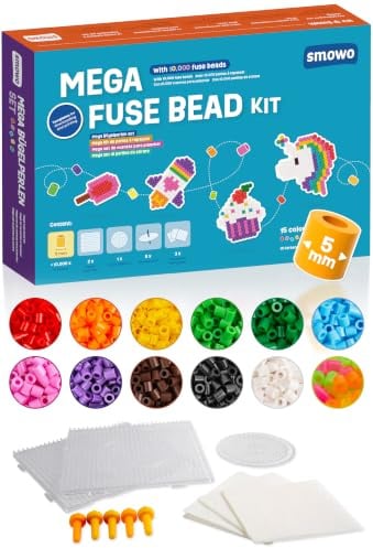 Smowo® 10.000 Bügelperlen Set inkl. 15 Farben, Steckplatten und Zubehör - 5mm Perlen Basteln Box - Perfektes Geburtstags Spielzeug