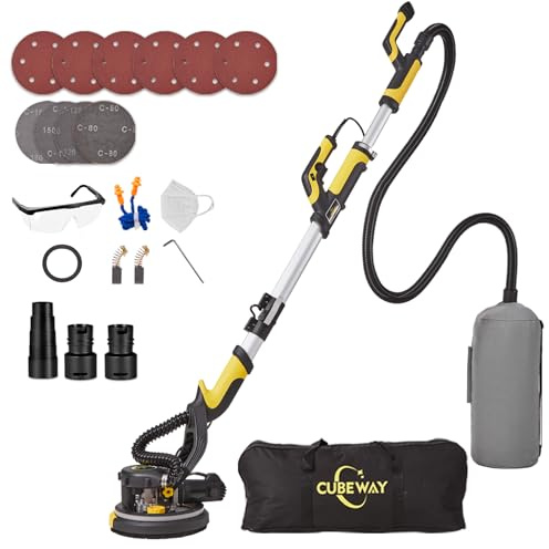 Trockenbauschleifer, 750W Wandschleifer mit Automatischem Vakuumsystem und Ø 214mm Schleifgiraffe inkl Absaugbeutel LED-Licht, 7-Gang Getriebe, 900-1800RPM Deckenschleifer, Faltbarem Griff
