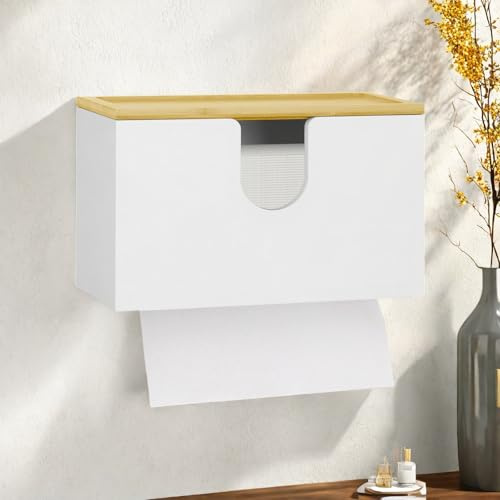 NZZVNZ Papierhandtuchspender, Bambus Handtuchspender Wand Papierhandtuchhalter Papierserviettenhalter mit Deckel Papierspender für H2 Papierhandtücher(Weiß)