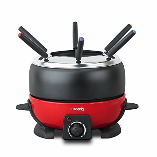 H.Koenig Elektrisches Fonduegerät mit 6 Gabeln 2L Edelstahl ALP1800, Fondue-Set Schokolade Käse Savoyarde, Herausnehmbare Schüssel Antihaftbeschichtet Widerstandsfähig, Spritzschutzdeckel