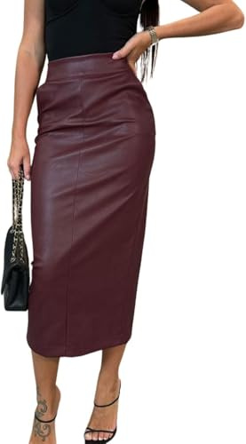 LLECDASEUI Damen Langer Kunstlederrock Bodycon Hohe Taille Schlank Bleistift Bauchkontrolle Midirock mit Taschen