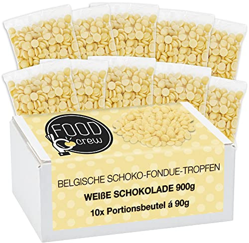 FOOD crew 900 g Weiße Schokolade für Fondue & Schokobrunnen - Belgische Kuvertüre Drops für Cake Pops, Trinkschokolade, Marshmallows & Desserts - 10 Portionsbeutel à 90 g