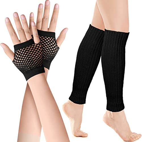 SATINIOR Neon Beinstulpen und Netzhandschuhe für 80er Schwarz | Elastische Stulpen und Fischnetz Handschuhe für Damen - Set Kostüm 80er Jahre Zubehör zum Karneval Feste