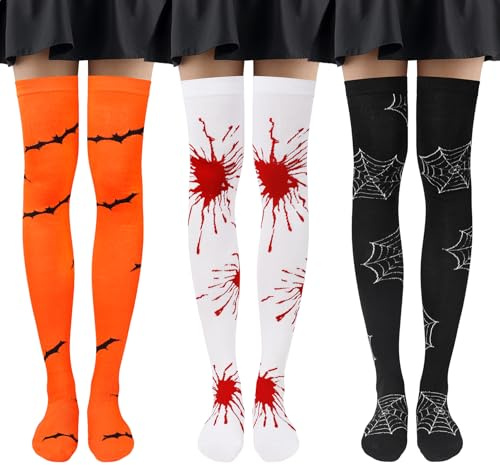 Beaulov Damen Kniestrümpfe Halloween Socken Overknee Strümpfe Damen Kniestrümpfe für Weihnachten Thigh Highs Strümpfe Frauen Lang Socken für Frau (A-Orange/Weiß/Schwarz)