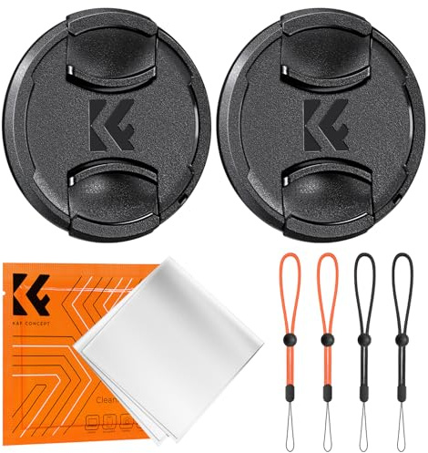 K&F Concept 58mm 2 Stück Universal-Objektivdeckel für Sony Canon Nikon Fujifilm Olympus, 4 Stück Objektivdeckel-Halteband(orange und schwarz),2 Stück Reinigungstücher aus Mikrofaser