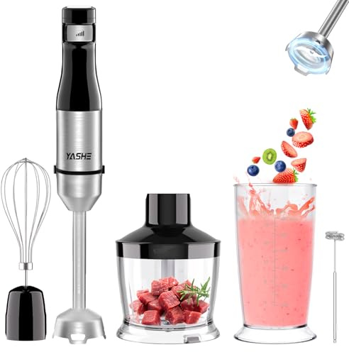 YASHE 5 in 1 Pürierstab,1000 Elektrische Stabmixer,Stufenlos Geschwindigkeiten Stabmixer,Edelstahl,Stabmixer Set mit 500ml Häcksler, 700ml Messbecher, Schneebesen und Milchaufschäumerstab