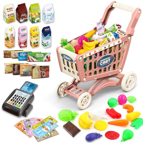 deAO Kinder Einkaufswagen Wagen für Lebensmittel Kleinkinder 65 Lebensmittel Obst Gemüse Pretend Play Lebensmittel Rolle Spielen Pädagogisches Spielzeug Spielen Küche Spielzeug Speichern Playset (Rot)