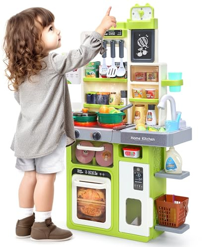 CUTE STONE Küchenspielset für Kinder, Spielküche mit Geräuschen und Lichtern, Kochherd, Dampf, Spielspüle und Spiellebensmittel, Spielzeugküchenset für Kleinkinder, Kitchen & Food Toys for Kids,Grün