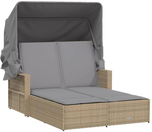 vidaXL Doppel-Sonnenliege mit Dach und Auflagen Beige Poly Rattan