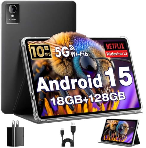 Tablet 10 Zoll, Android 15 Tablets mit Hülle, Unisoc T30 Quad-Core, 18 GB RAM + 128 GB ROM + 1 TB TF, 1280x800 HD IPS Display, 5MP + 8MP Duale Kamera, 6000 mAh, WiFi 6, BT 5.0, Widevine L1, GPS (K50)