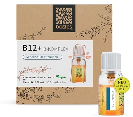 basics B12 + B-Komplex mit allen 8 B-Vitaminen - Hochdosiert mit 500mcg Vitamin B12 - für mehr Energie und Unterstützung des Nervensystems - 30 Trinkflaschen - 10ml pro Tagesdosis – Vegan