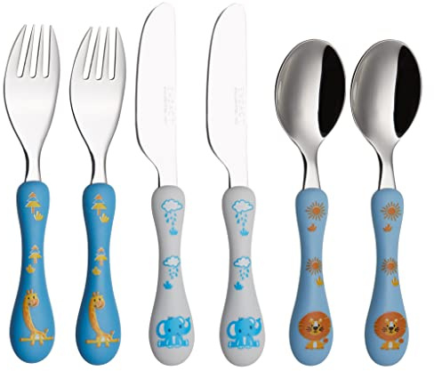 Exzact Kinderbesteck 6 teiliges aus Edelstahl/spülmaschinengeeignet - 2 x Gabeln, 2 x Messer, 2 x Esslöffel (Safari x 6)