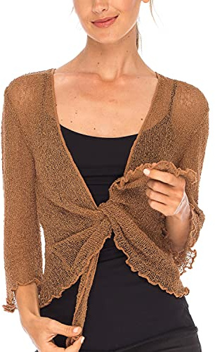 SHU-SHI Damen Bolero Strick Leichter Mesh Cardigan 3/4 Arm, Elegante Bolero Jacke zum Binden, Festlicher Kurzcardigan für Kleid, Hochzeit & Abendkleid, Sommer Bolero Damen