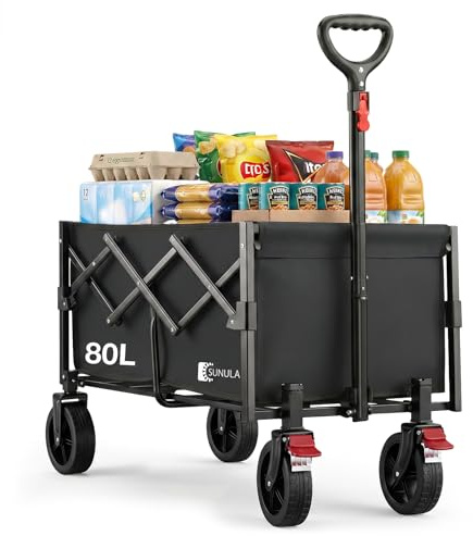 SUNULA Bollerwagen Faltbar Klein 80L 100KG, Faltbarer Bollerwagen Klappbarer Handwagen mit Halbiertem Eigengewicht, Faltbollerwagen Geländegängig mit Bremsen, Schwarz
