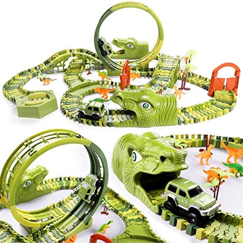 burgkidz Dinosaurier Rennstrecken Spielzeug Set - 387-teilig & 360 Loop | Flexible Dino Rennbahn, 2 Rennwagen Fahrzeuge, Auto Turntable Spielset, Kreatives Geschenk für Kinder ab 3–6 Jahren