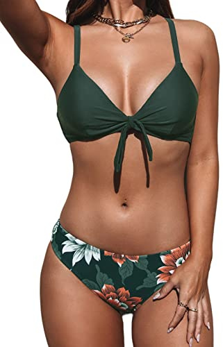 CUPSHE Damen Bikini Set V Ausschnitt Knoten vorne Low Waist Crossback | Hasen-Krawatte, weiche, abnehmbare Körbchen, verstellbare Träger, mittlere Leibhöhe, schmeichelhafter Badeanzug für Urlaub