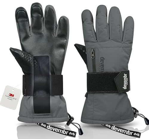 devembr Skihandschuhe mit Handgelenkschützern, Warme Snowboardhandschuhe für Herren und Damen, Grau, L