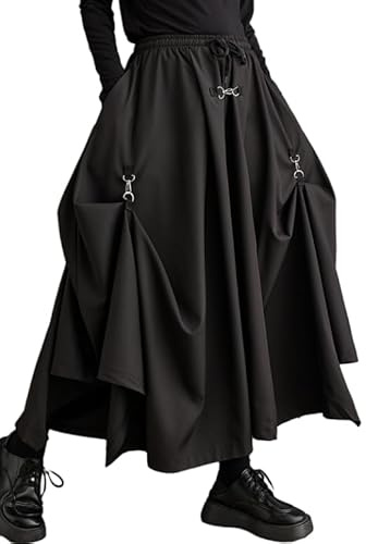 ellazhu Haremshose für Damen, Übergröße, unregelmäßig, tiefer Schritt, Hakama, plissiert, Kordelzug, GZ116 A, Schwarz, S/XL