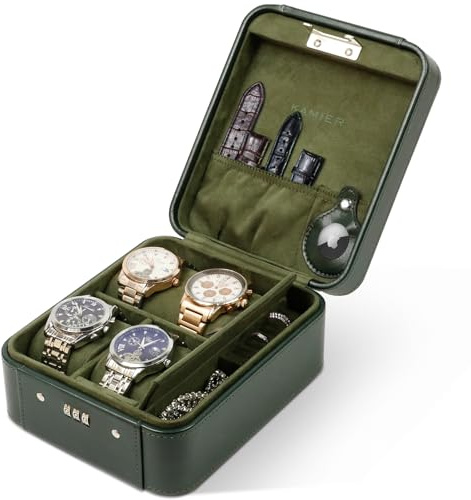 Uhrenbox für 4 Uhren, Uhrenbox Herren und Damen mit Zahlenschlos, PU Leder | Uhrenkasten Herren Aufbewahrung Organizer, Uhrenbox Reise Watch Box, Weihnachtsgeschenke (Geschenk Box)