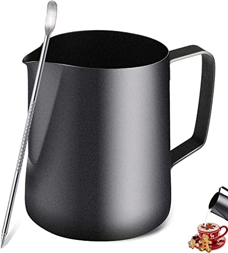 TechKen Milchkännchen,Milchkanne Edelstahl,Kaffee Milch Kännchen für Espresso Cappuccino (Schwarz 350ml/12 FL.oz Edelstahl)