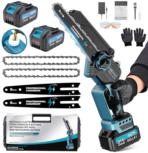 Mini Kettensäge mit 2 Akku, 8000mAh/21V Handkettensäge mit 2 Batterien, 1200W Einhand Bürstenlos Kettensäge, 8“ Astsäge Akku Motorsäge, Baumsäge Elektrisch Mini Chainsaw für Gartenscheren