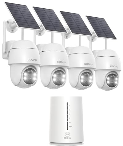 COOAU 4MP 64GB Überwachungskamera Aussen Akku Solar - 4er Kabelloses Set | 365Tage mit Solarpanel - 2.5K Kabellos Kamera Überwachung | 360 Grad Panorama | 4 LED Farbe Nachtsicht