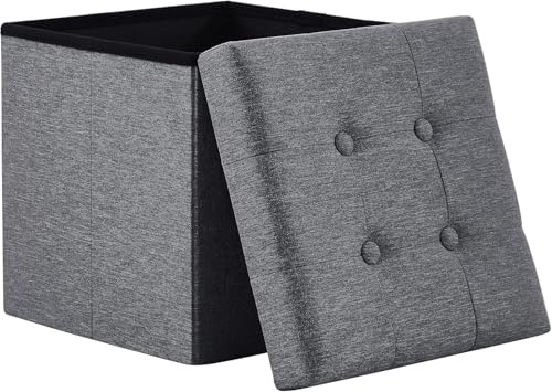 Zedelmaier Sitzhocker mit Stauraum, Fußhocker, Sitzwürfel, Sitzbox, Ottoman, Fußbank Truhen Aufbewahrungsbox faltbar belastbar bis 300 kg, Leinen, 38 x 38 x 38 cm (Dunkelgrau)