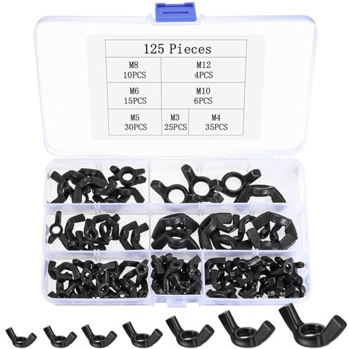125 Stück Flügelmuttern Sortiment Kit, Schmetterlingsmuttern, M2 M4 M5 M6 M8 M10 M12 Flügelmuttern Schwarz, Metrische Flügelschrauben, Wing Nuts für Möbel Ausstattung DIY