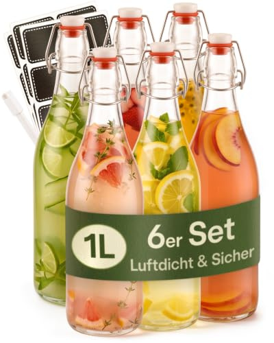 Praknu 6er Set Bügelflaschen 1 L – Glasflaschen mit Bügelverschluss Leer | Absolut dicht verschlossen, inkl. 6 Ersatz-Dichtungen & 12 Etiketten, für Öl, Essig, Saft, Kombucha & Wein