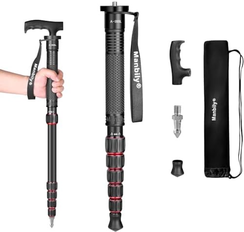 Einbeinstativ Kamera Manbily 168cm Wanderstöcke aus Aluminium Reise-Einbeinstativ Tragbar Kompakt Leicht mit Gehstockgriff, Tragetasche Belastbarkeit von 7KG für DSLR Kamera Videokamera (A-555L) Rot