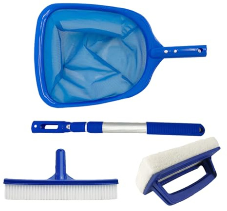 4 Pool-Reinigungsset, Poolkescher, Pool-Reinigungsnetz mit verstellbarem Pfosten, Reinigungsbürste für Pool, Zubehör zur Reinigung von Gartenteichen, Abschäumnetz
