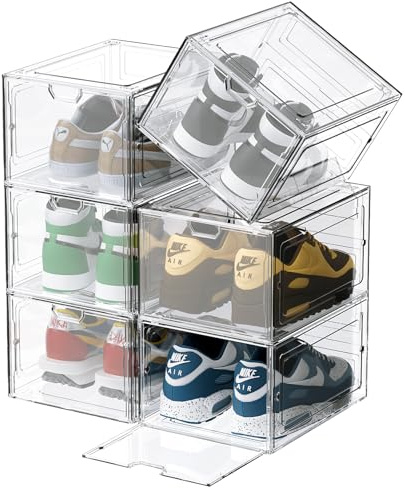 Schuhboxen Organizer-Schuhkartons durchsichtig,Transparent Schuhaufbewahrung für Sneakers und Turnschuhe,Kunststoffbox mit durchsichtiger Tür, 33.5 x25 x 8cm, für Schuhe bis Größe 46, Weiß (6Pcs)
