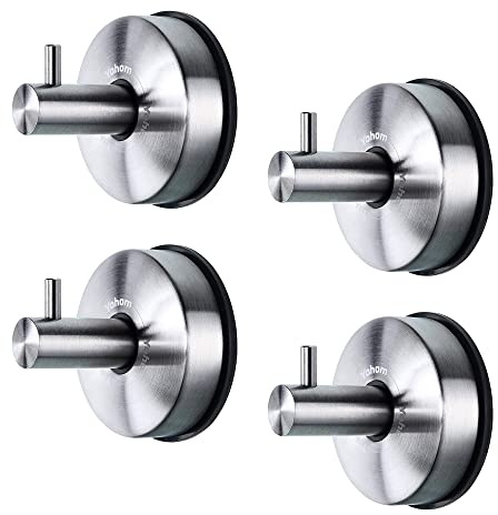 YOHOM Vakuum Saugnapf Haken Badezimmer Handtuchhaken Bad Saughaken Edelstahl Wandhaken Handtuchhalter Extra Stark Kleiderhaken Bademantelhaken Dusche Küche Ohne Bohren Pinsel Finish Silber 4 Stück