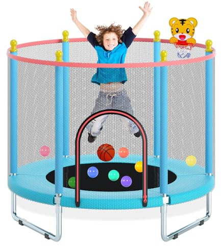 150CM Kindertrampolin für Indoor und Outdoor, Bis 200KG Belastbar | mit Sicherheitsnetz, Basketballkorb und robuster Sprungmatte – Wasserdicht, Verstellbar