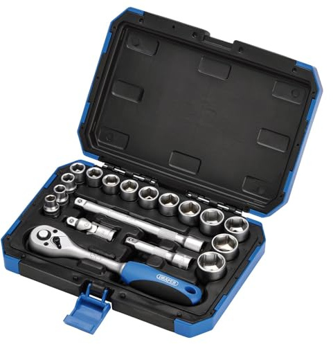 Draper 18-teiliges metrisches Steckschlüssel-Set mit Ratschenwerkzeug und Koffer – 3/8 Zoll Vierkantantrieb – Heimwerker-Profi & Auto-Kit