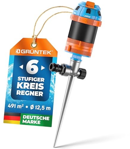 GRÜNTEK 6-Fach Multifunktions-Kreisregner, Rasensprenger mit Metall-Spike, Bewässerungsradius 12,5 m, für Flächen bis 491 m2, mehrere Sprinkler kombinierbar