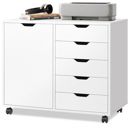 DEVAISE Rollcontainer mit 5 Schubladen und Schrankfach, Mobiler Aktenschrank mit Rollen, Schreibtischunterschrank mit Stauraum für Büro und Home Office, Weiß