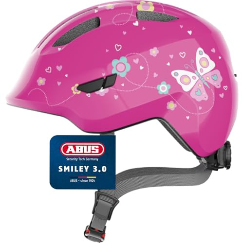 ABUS Kinderhelm Smiley 3.0 - Fahrradhelm mit tiefer Passform, kindergerechten Designs & Platz für einen Zopf - für Mädchen und Jungs - Pink mit Schmetterlings-Muster, Größe M