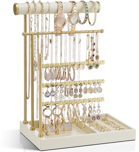 VLANDO Schmuckständer, Schminktisch Organizer mit Ablage, Schmuckaufbewahrung Halskettenhalter mit Ringhalter, Zimmer Halterung, Ohrringhalter, Beige