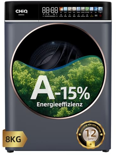 CHiQ Waschmaschine 8kg Frontlader, EEK A-15%, Touchscreen-Steuerung 12 Programme | 520mm D, 1400 U/min, 15Min Schnellwäsche, Großtrommel | Inverter Motor, Antibakterielle Türdichtung, Schwarz