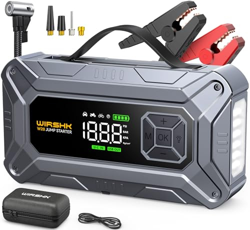 WIRSHK Batterie Booster 8000A, Auto Starthilfe mit 160PSI Luftpumpe für alle Benzinmotoren & bis zu 10L Diesel, mit Display und Notleuchte