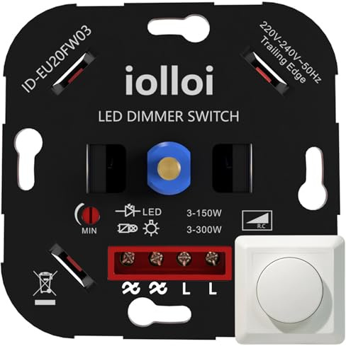 iolloi LED Dimmer Schalter, Drehdimmer Unterputz Dimmschalter für Dimmbare LEDs 3–150W / Halogen 3–300W, dimmer für led lampen, LED Dimmer 230V, weiß