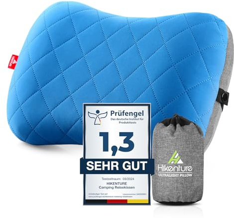 HIKENTURE Aufblasbares Camping/Reise Kissen mit Abziehbarem Kissenbezug | Ultraleichtes Ergonomisches Komfortables Kopfkissen Nackenkissen Kleines Packmaß Inflatable Travel Neck Pillow