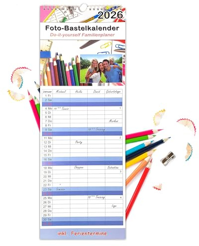 DIY Familienkalender 2026 selbst gestalten - Fotokalender 2026 personalisiert | Familienkalender 2026 4 spalten | Bastelkalender in 19 cm x 52 cm