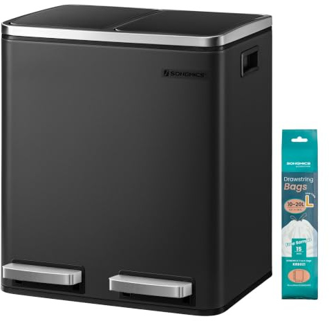 SONGMICS Mülleimer Küche, 2 x 15 Liter, Mülltrennsystem 2 Fächer | Inklusive 15 Müllbeutel, Abfalleimer, Treteimer, Softclose-Deckel LTB30BK