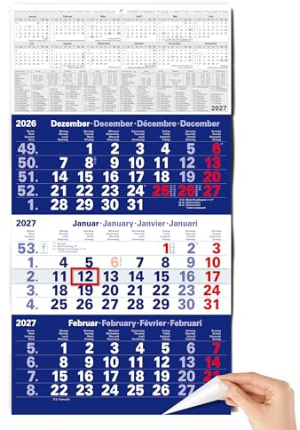 TOBJA® 3 Monatskalender 2027 Wandkalender Blau - Mit rotem Datumsschieber, FSC-zertifiziert, Schulferien und Feiertagen - Ideal für Büro und Familie | Quartalskalender Wand 30x56 cm
