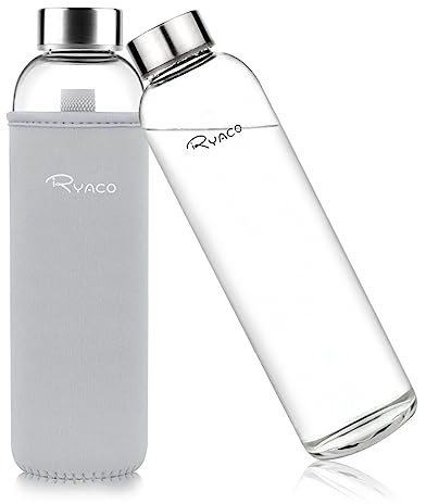 Ryaco Trinkflasche aus Glas 1 liter/1L/1000ml,Glasflasche mit Neoprenhülle,Glastrinkflasche mit Schraubverschluss,Wasserflasche Glas für heiße kalte Getränke,spülmaschinenfest